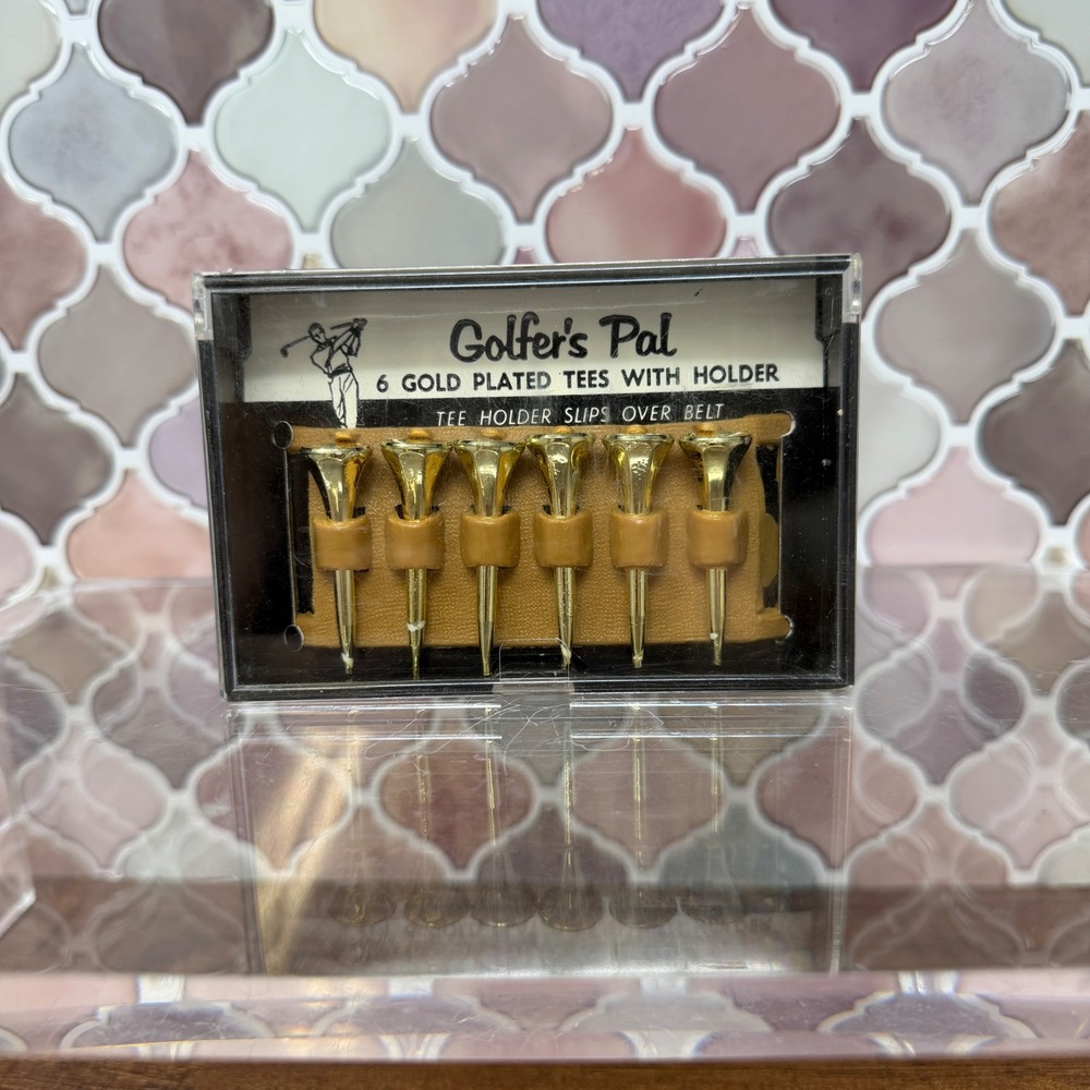 Vintage Golfer's Pal 6 Gold-Tone Plastic Tees with Belt Holder Set